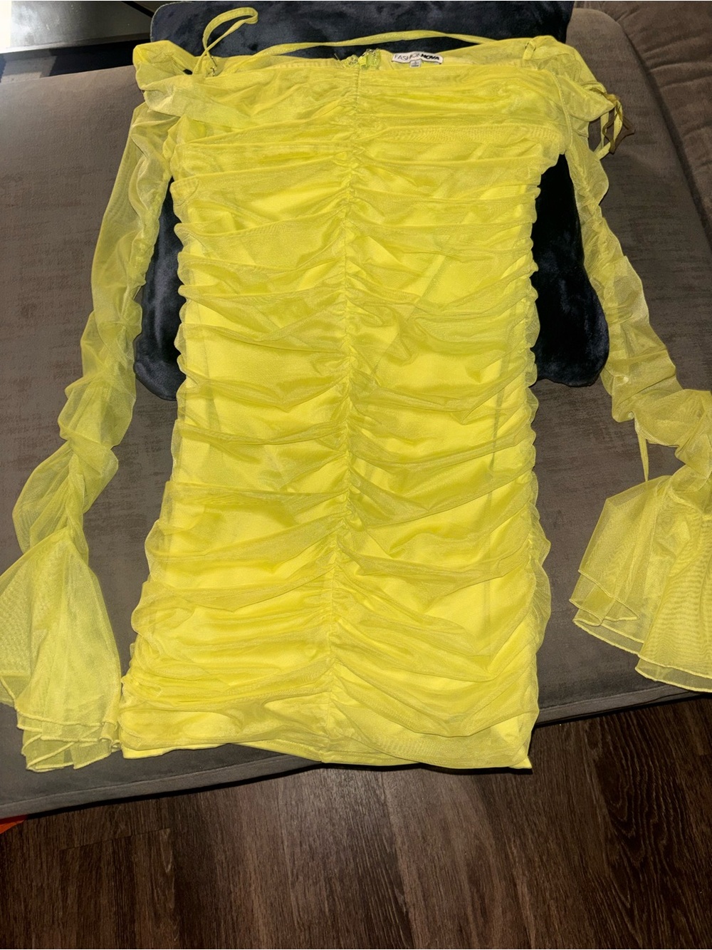 Fashion Nova Neon Yellow Ruched Mesh Long-Sleeve Tunic